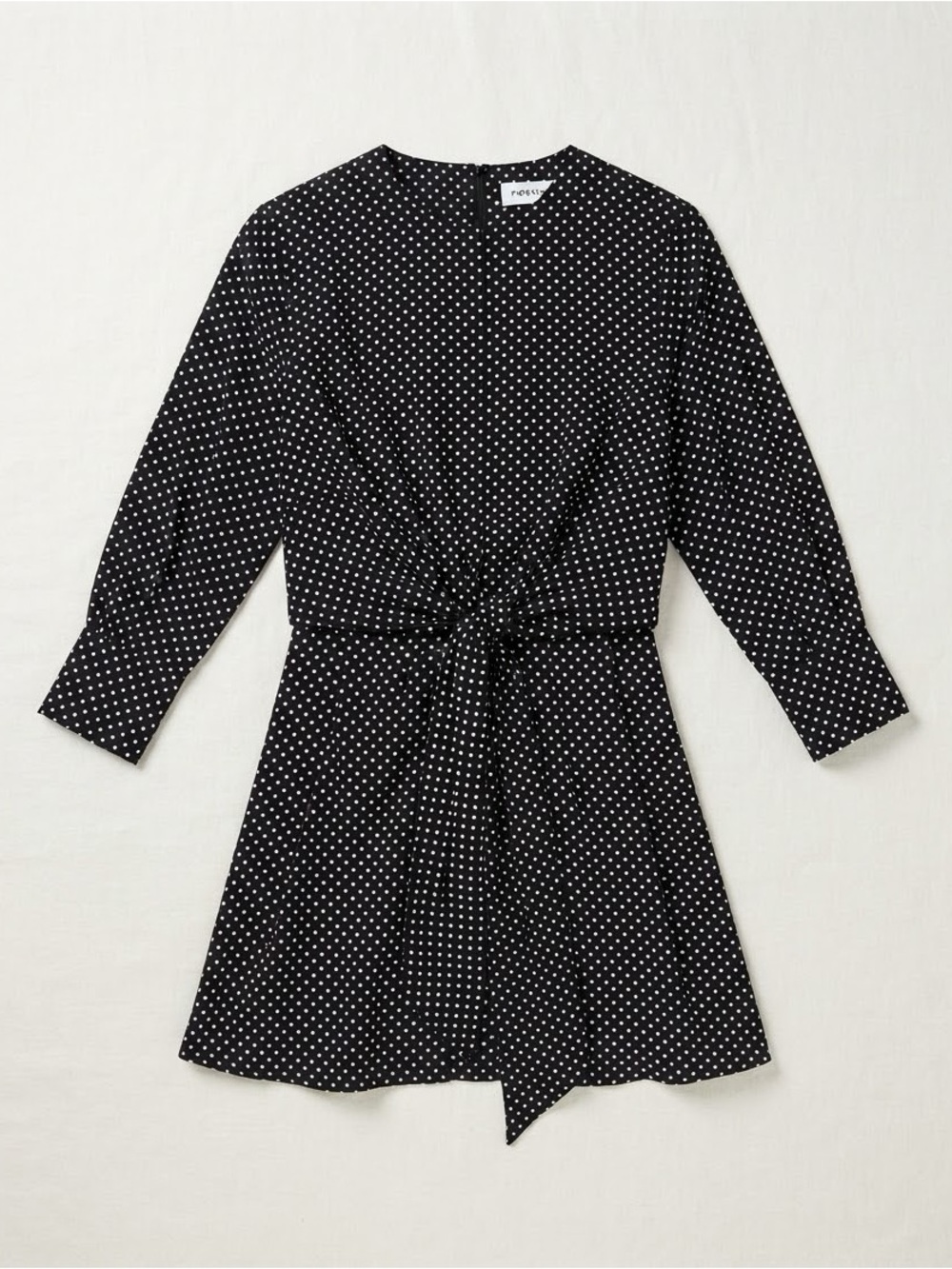 Pixie Market Black Polka Dot Lima Tie Front Mini Dress Long Sleeve Crew Neck S